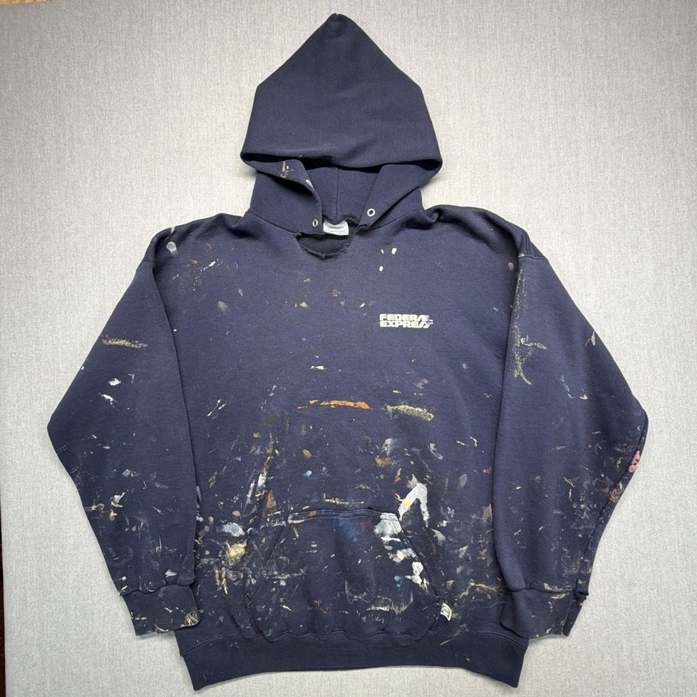 Vintage Discus Athletic Federal Express FedEx Hoodie Paint Thrashed 2XL 90s USA